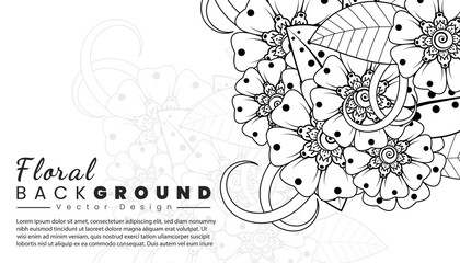 Background with mehndi flowers. Black lines on white background. Banner or card template