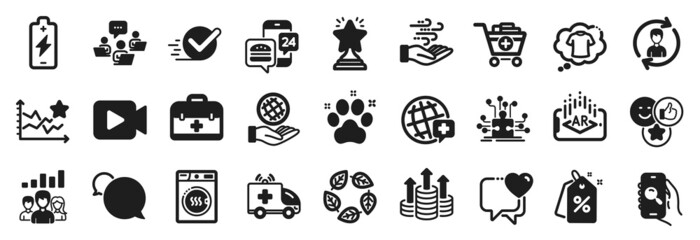 Set of Business icons, such as Discount tags, World medicine, Heart icons. First aid, Human resources, Search app signs. Checkbox, Safe planet, Teamwork results. Augmented reality, T-shirt. Vector