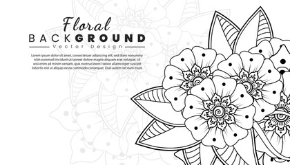 Background with mehndi flowers. Black lines on white background. Banner or card template