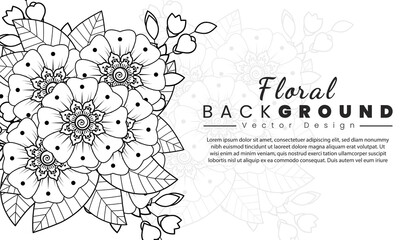 Background with mehndi flowers. Black lines on white background. Banner or card template