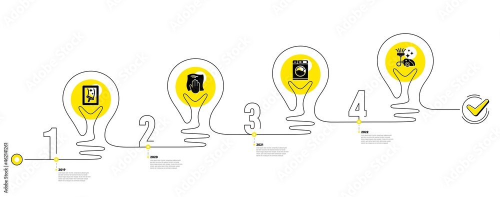 Poster lightbulb journey path infographics. cleaning infographic timeline with 4 steps. workflow process di