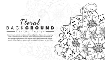 Background with mehndi flowers. Black lines on white background. Banner or card template