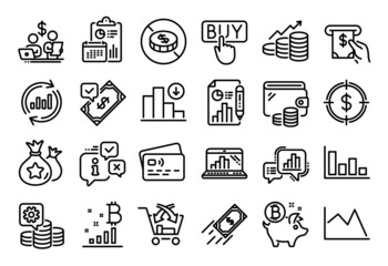 Vector set of Decreasing graph, No cash and Graph laptop line icons set. Calendar report, Money wallet and Credit card tag. Atm service, Cross sell and Update data icons. Vector