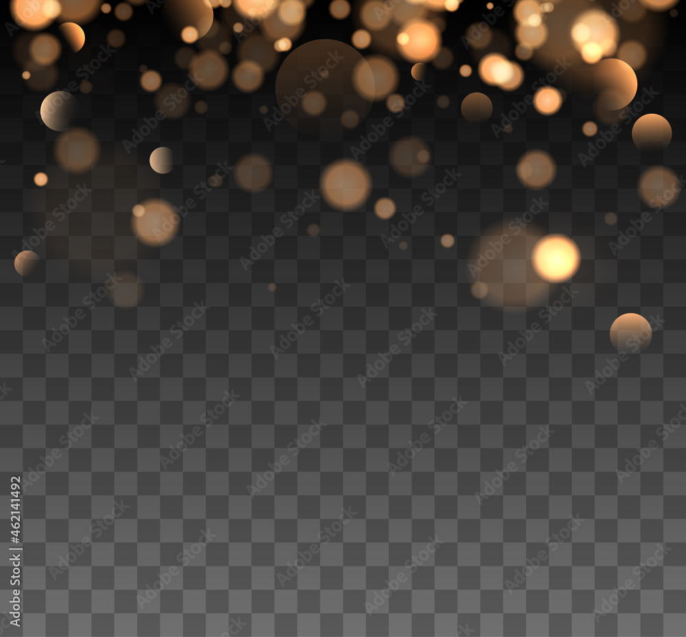 Poster Shining bokeh isolated on transparent background. Golden bokeh lights with glowing particles isolated. Christmas concept