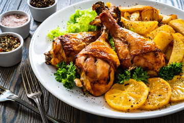 Barbecue chicken drumsticks with chips on wooden table
