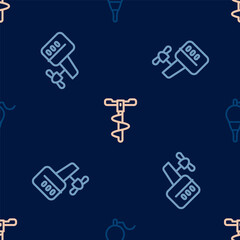 Set line Fishing float, Outboard boat motor and Hand ice drill on seamless pattern. Vector