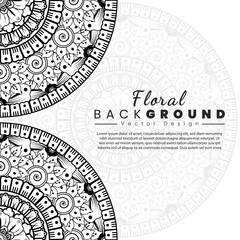 Background with mehndi flowers. Black lines on white background. Banner or card template