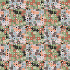 A combination of rounded squares. Green, brown, beige, pale lilac shades. Seamless texture. Editable.