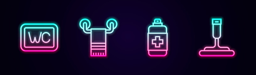 Set line Toilet, Towel on hanger, Antibacterial soap and Rubber cleaner for windows. Glowing neon icon. Vector