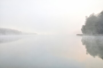 fog on the lake - obrazy, fototapety, plakaty