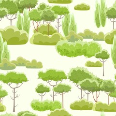 Rural summer beautiful landscape. Seamless pattern. Cartoon style. Trees and shrubs. Romantic beauty. Background. Flat design illustration. Vector art