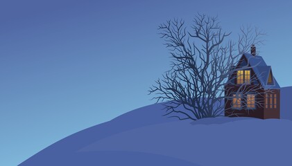 Fototapeta premium Rural small house in winter. Landscape. Christmas night. Quiet winter evening. The gable roof is covered with snow. Nice and cozy suburban village. Flat cartoon style. Vector art