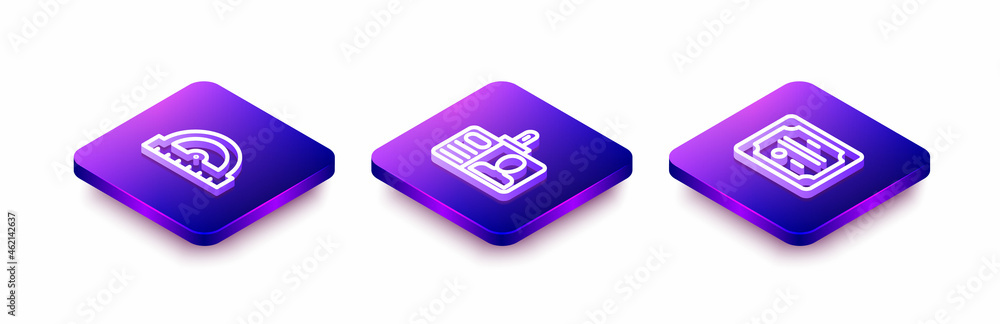 Poster set isometric line protractor grid, identification badge and certificate template icon. vector