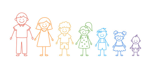 Happy doodle stick mans family. Set of hand drawn figure of family in colors of rainbow. Mother, father and kids. Vector illustration isolated in doodle style on white background.