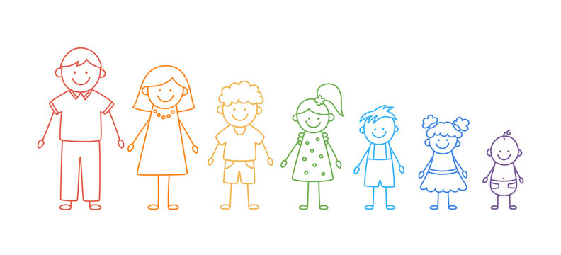 Happy doodle stick mans family. Set of hand drawn figure of family in colors of rainbow. Mother, father and kids. Vector illustration isolated in doodle style on white background.