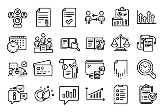 Vector set of Teamwork business, Checklist and Justice scales line icons set. Calendar report, Money wallet and Credit card tag. Recovery file, Engineering documentation and Bureaucracy icons. Vector