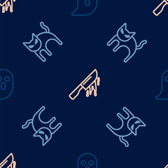 Set line Ghost, Black cat and Bloody knife on seamless pattern. Vector