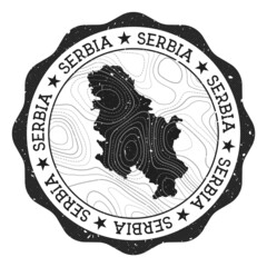 Serbia outdoor stamp. Round sticker with map of country with topographic isolines. Vector illustration. Can be used as insignia, logotype, label, sticker or badge of the Serbia.