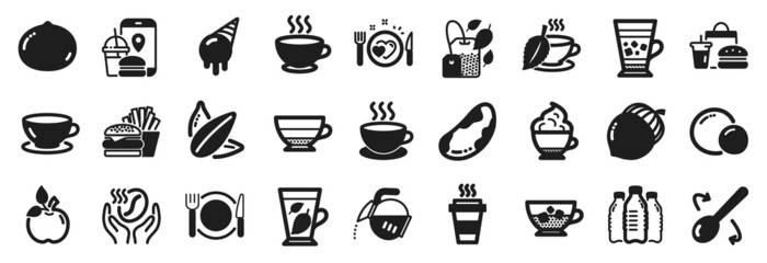 Set of Food and drink icons, such as Frappe, Coffee cup, Mint tea icons. Takeaway, Mint bag, Cappuccino signs. Cold coffee, Water bottles, Romantic dinner. Fast food, Eco food, Ice cream. Vector