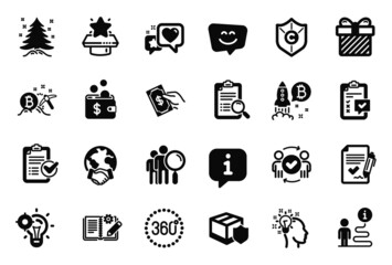 Vector Set of Business icons related to Christmas tree, Pay money and Smile face icons. Seo idea, Global business and Surprise signs. 360 degrees, Engineering documentation and Heart. Idea. Vector