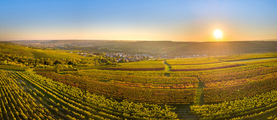 Luftaufnahme Drohnenpanorama Weinberge Rheinhessens bei Großwinternheim mit Sonneruntergang im...