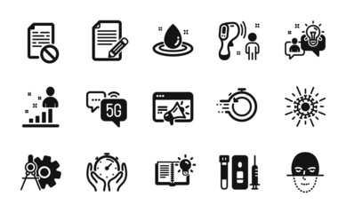 Vector set of Stats, Electronic thermometer and Blood and saliva test icons simple set. Seo marketing, 5g internet and Timer icons. Coronavirus, Face recognition and Product knowledge signs. Vector