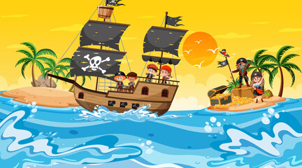 Obraz na płótnie Canvas Treasure Island scene at sunset time with Pirate kids on the ship
