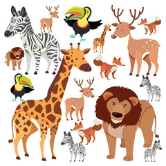 Seamless pattern with cute wild animals on white background
