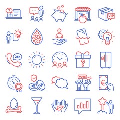 Business icons set. Included icon as Martini glass, Vip parcel, Meeting time signs. Business idea, Secret gift, Voting campaign symbols. People chatting, Savings insurance, Online help. Vector