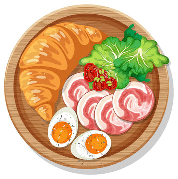 Breakfast croissant with ham and boiled egg on a plate isolated