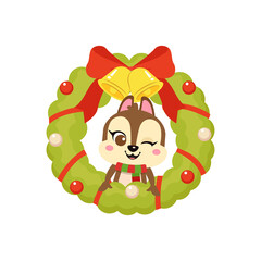 Cute squirrel celebrates Christmas in decoration wreath. Flat vector cartoon design