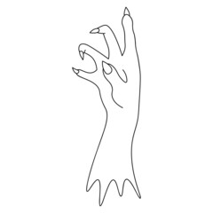 The stump of a dead man's hand. Sketch. Side view. Curved fingers with sharp claws. Vector illustration. Outline on an isolated white background. Doodle style. Ominous zombie palm. Halloween symbol. 