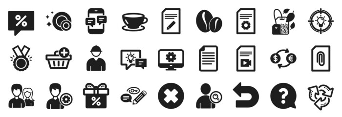 Set of simple icons, such as Clean dishes, Discount message, Question mark icons. Support, Honor, Currency exchange signs. File, Add purchase, Coffee beans. Monitor settings, Edit document. Vector