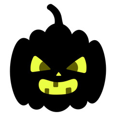 Pumpkin. Angry facial expression. Silhouette. Vector illustration. An ominous grimace shows teeth. Jack-lantern. Glows from the inside. Halloween symbol. Isolated white background. Dark shadow.