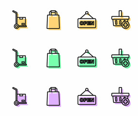 Set line Hanging sign with text Open, Hand truck and boxes, Paper shopping bag and Add to Shopping basket icon. Vector