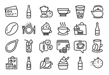 Vector set of Mint tea, Chef and Teapot line icons set. Calendar report, Money wallet and Credit card tag. Ice cream, Coffee and Fast food icons. Cappuccino cream, Wine and Coffee beans signs. Vector