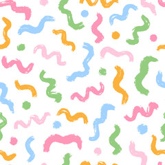 Creative seamless pattern with grunge brush strokes and dots on white background. Good for nursery prints, cards posters, wrapping paper, scrapbooking, kids apparel, etc. 