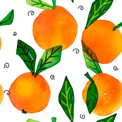 Seamless watercolor pattern with oranges and leaves. Artistic repeating background for wrapping paper, web background, textile fabric and wallpaper design