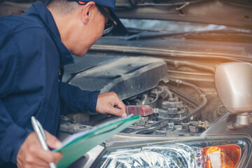 Mechanic car service auto garage in automotive mobile center. Technician workshop repair engine motor vehicles service mechanical engineering business. Automobile mechanic hands car repairs technic