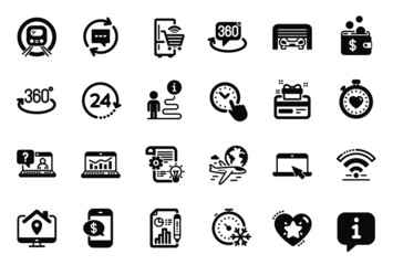 Vector Set of Technology icons related to Time management, Faq and Freezing timer icons. Parking garage, International flight and Update comments signs. 24 hours, Loyalty card and Wifi. Vector