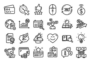 Vector set of Timer, Full rotation and Online voting line icons set. Calendar report, Money wallet and Credit card tag. Video conference, Copyright chat and Search book icons. Vector