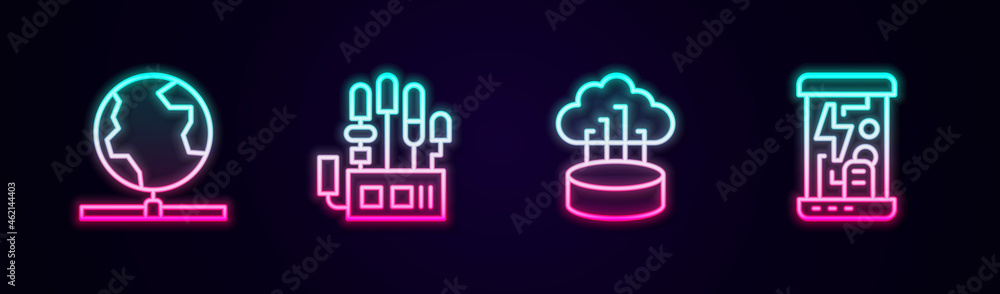 Poster set line global technology, mechanical robot hand, network cloud connection and cryogenic capsules. 