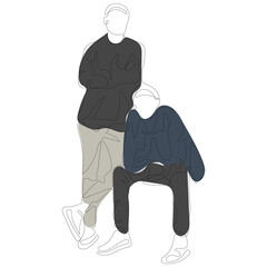 Continuous line art drawing style of two boys (men). Teenagers sitting on the floor with legs crossed. Isolated on white background. Friendship concept in modern minimalistic style in vector
