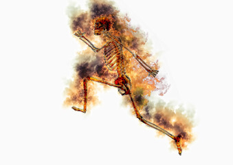 走るポーズの人体骨格に火の効果を加えたイラスト