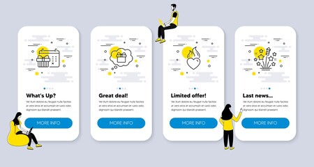 Vector Set of Holidays icons related to Gift dream, Heart flame and Christmas calendar icons. UI phone app screens with people. Fireworks stars line symbols. Vector