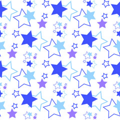 Seamless pattern with blue and lilac stars on a white background. Use for fabric, wrapping paper, wallpaper, print, backdrops, baby clothes, napkins, bags, merchandise, clothing, and artwork.