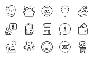 Business icons set. Included icon as Vip shopping, Face accepted, Swipe up signs. Business way, Chemistry experiment, 48 hours symbols. Hand washing, Wallet, Checklist. 360 degrees. Vector