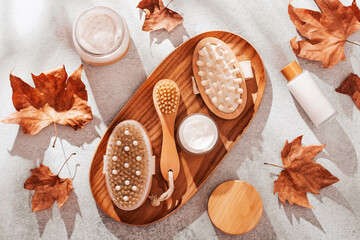 Autumn beauty care cosmetics and accessories plastic free flat lay