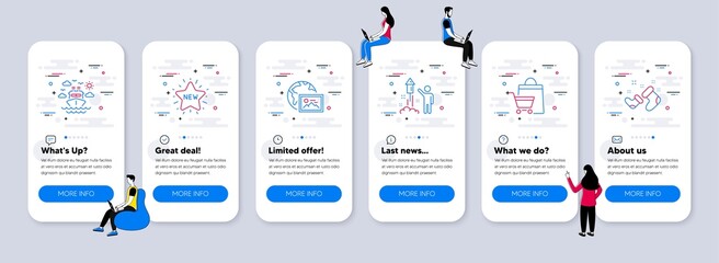 Naklejka premium Holidays icons set. UI phone app screens with teamwork. Included icon as Web photo, Fireworks, New star signs. Sale bags, Ship travel, Santa boots line icons. Vector