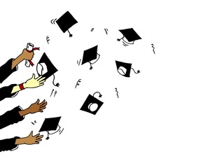 doodle Graduation ceremony concept. hands throwing graduation caps in the air, Hands clapping. applause gestures. vector illustration